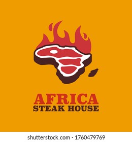 Steak Africa logo. Vector retro black and red meat dishes logotype illustration. Graphic grill BBQ label, emblem, symbol. Premium beef restaurant badge