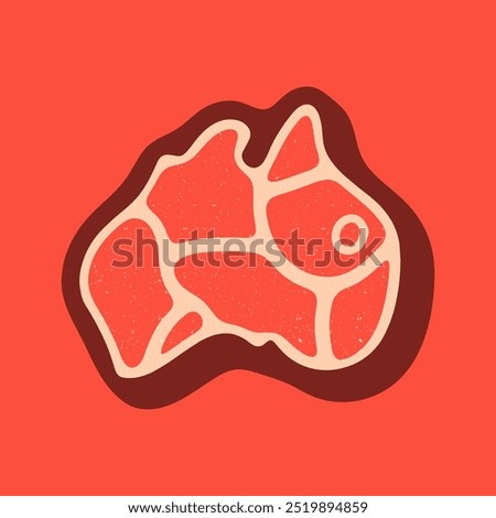 Steak Australia map logo. Vector retro black and red meat dishes logotype illustration. Graphic grill BBQ label, emblem, symbol. Premium beef restaurant badge