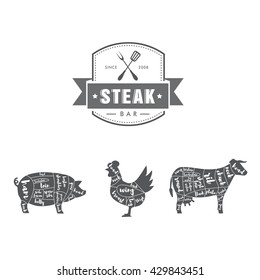 Steak Bar Vector Set. Beef, Pork and Chicken Cuts.
