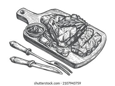 Steak Barbecue Drawing. BBQ Meat Hand Drawn Sketch Vector Illustration