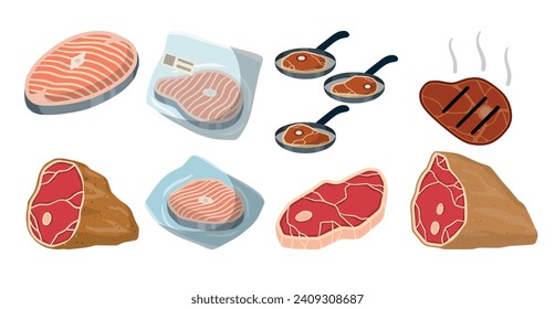 Steak and barbecue, Piece of red salmon fish meat with pink stripe. Food for Cooking sushi. Set of Raw Seafood. Cut off part. Kitchen and meal element. Cartoon illustration