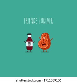 Steak and barbecue sauce friends forever. Vector illustration.