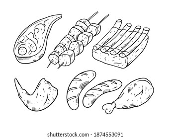 Steak bbq doodle set eat and food vector illustration.