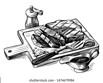 Steak bbq drawing. Meat hand drawn 