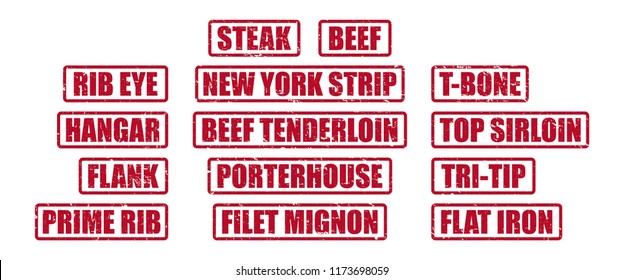 Steak and Beef Stamp Labels | Restaurant Menu Icons for Steak Types | Beef Cuts | Distressed Brands and Symbols for Butchers, Kitchens, Cooks and Diners