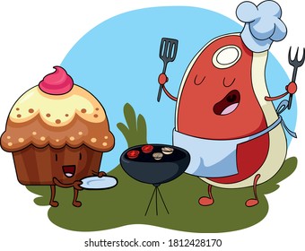 steak and cake cartoon illustration