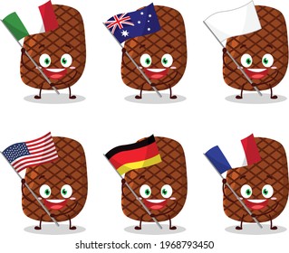 El personaje de caricatura de carne trae banderas de varios países
