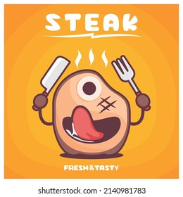 steak cartoon. grilled meat vector illustration. with a funny expression