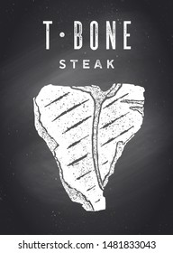 Steak, Chalkboard. Poster with steak silhouette, text T-Bone, Steak. Typography kitchen poster template for meat business - shop, market, restaurant, menu. Chalkboard background. Vector Illustration