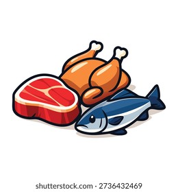 Steak, chicken, and fish, perfect for menus, recipe cards, and foodthemed designs needing a proteinrich element.