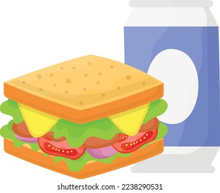 Steak cocktail layered sandwich with soft drink can concept, load bread for breakfast vector icon design, Fast Food symbol, Junk food sign, popular inexpensive good taste snacks stock illustration 