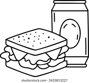 Steak cocktail layered sandwich with soft drink can outline concept, load bread for breakfast vector design, Fast Food hand draw symbol, Junk food sign, english american cuisine stock illustration