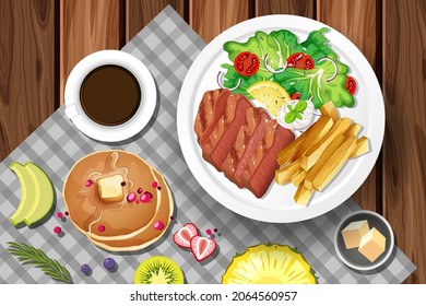 Steak with coffee and pancake on the table illustration