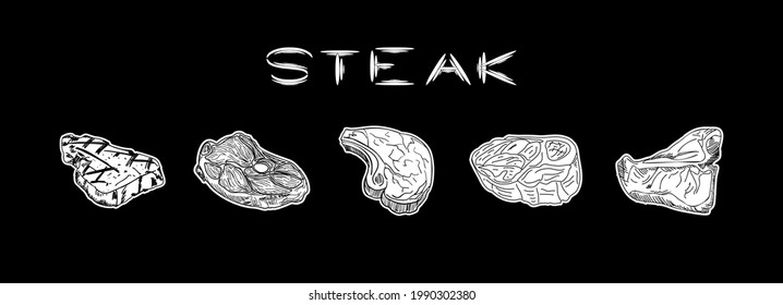 Steak collection, various types of beef steak, Sirloin, Tomahawk and T-bone meat steaks. Hand-drawn pieces of meat and beef tenderloin. Design elements of a butcher shop, farmers market. 