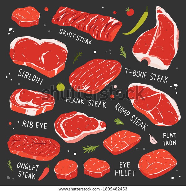 Steak\
collection, various types of beef steak, realistic illustration,\
t-bone, ribeye and tenderloin beef cuts, meat types for butcher\
shop or steakhouse, vector icon set\
isolated