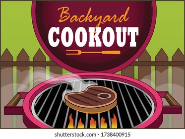 A steak cooks on an open barbecue grill. 