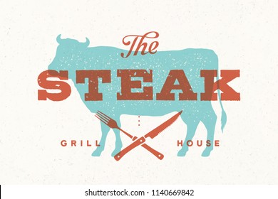 Steak, cow. Vintage logo, retro print, poster for Butchery meat shop with text, typography Steak, Grill House, cow silhouette. Logo template for steak, meat business, meat shop. Vector Illustration