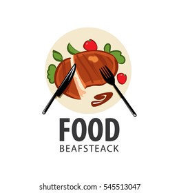 steak dish, logo, fork, knife. Vector illustration.
