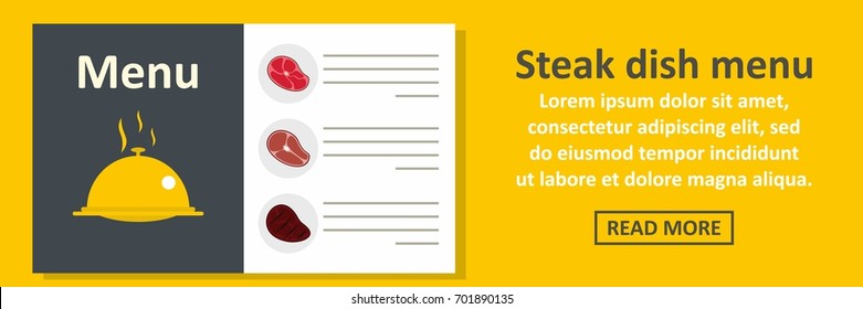 Steak dish menu banner horizontal concept. Flat illustration of steak dish menu banner horizontal vector concept for web