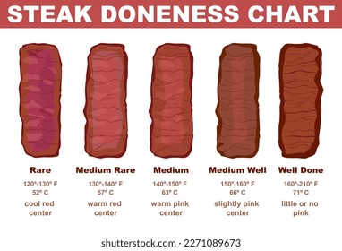 Steak doneness chart. Different stages of beef steak roast. Delicious restaurant cuisine. Blue rare, rare, medium rare, medium, medium well and well done. BBQ infographic. Flat vector illustration