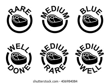 Steak doneness chart: differently cooked pieces of beef. Steak - medium, rare, well done, grilled icons set