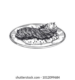 Steak with dumplings. Beautiful vector hand drawn austrian food Illustration. Detailed retro style images. Vintage sketch element for labels and cards design.