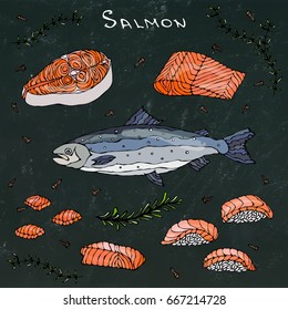 Steak, Filet, Slices and Sushi of Red Fish Salmon for Seafood Menu. Realistic Hand Drawn Doodle Style Sketch.Vector Illustration Isolated on a Black Chalkboard Background.