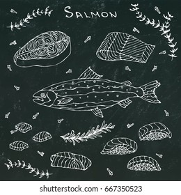 Steak, Filet, Slices and Sushi of Red Fish Salmon for Seafood Menu.Savoyar Doodle Style. Vector Illustration Isolated on a Black Chalkboard Background.