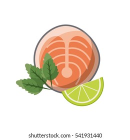 steak of fish and lemon slice icon over white background. colorful design. vector illustration
