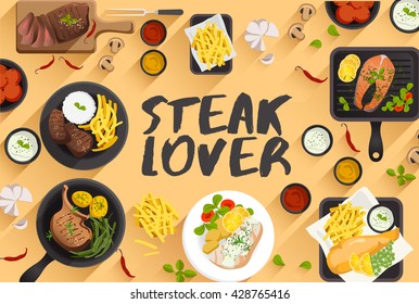 Steak : Food Illustration In Top View : Vector Illustration