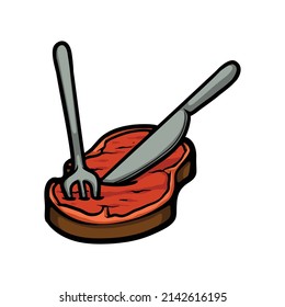 Steak with fork and knife cartoon vector illustration 