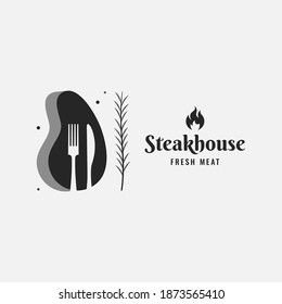 Steak With Fork And Knife Logo. Steakhouse Logo With Rosemary On White Background