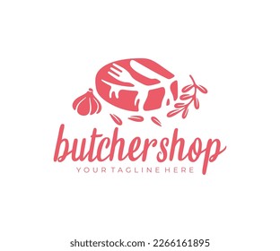 Steak, fork, knife, rosemary and garlic, logo design. Food, meal, meat, pork, beef, steakhouse and butchery shop, vector design and illustration