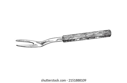 Steak fork with wooden handle, hand drawn sketch vector illustration isolated on white background. Kitchen tool for BBQ and grill with engraving texture.