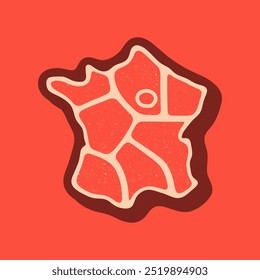 Steak France map logo. Vector retro black and red meat dishes logotype illustration. Graphic grill BBQ label, emblem, symbol. Premium beef restaurant badge