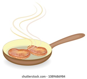 A steak is fried in a hot frying pan. Meat products are delicious and nutritious food for breakfast, lunch and dinner. Vector illustration.