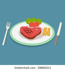 a steak and fries flat illustration style. Top view 
