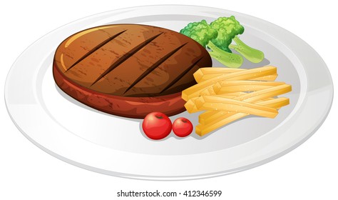 Steak and fries on the plate illustration