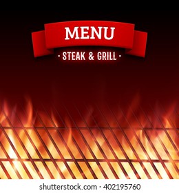 Steak And Grill House Menu. Vector Background With Close-up Of BBQ Roaster And Realistic Burning Fire Flames. 
