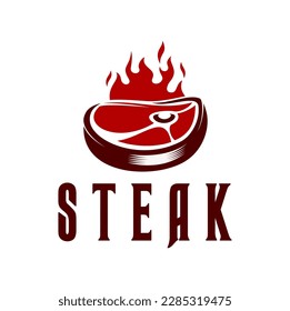 Steak grill icon, barbecue steakhouse symbol. Butcher store steak, butchery meat or hot beef vector icon or emblem. Restaurant BBQ grill gourmet sign or symbol with steak meat and fire flames