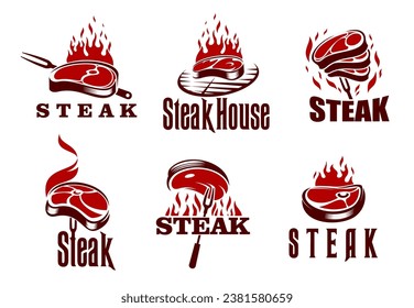 Iconos de parrilla de carne, emblemas vectoriales aislados de barbacoa. Etiquetas de identidad del restaurante o del steak house con pedazos de carne a la parrilla, fuego en llamas, rejilla y tenedor. Símbolos del partido Bbq, conjunto de insignias retro vintage