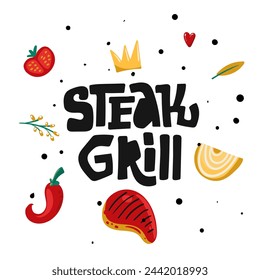 Steak Grill. Ilustración para la fiesta de barbacoa. Comida barbacoa, elementos, colección. Carne, tomate, cebolla, pimienta, corona sobre fondo blanco. Archivo vectorial.