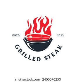 Parrillada con el logotipo de la parrilla de carne, emblemas vectoriales aislados. Etiquetas de identidad del restaurante o del steak house con pedazos de carne a la parrilla. Diseño de estilo retro vintage de símbolos de fiesta de barbacoa