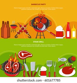 Steak grill on barbecue party with food and drinks on two horizontal banners vector illustration