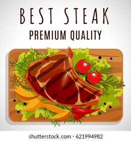 Steak grilled with potato chips vegetables. Vector steak served on a plate, decorated with red pepper, lettuce, tomatoes and potatoes.