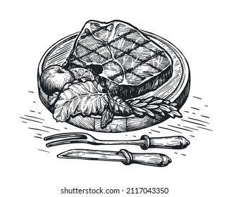 Steak grilled sketch. Food meat hand drawn vector illustration engraving style drawing