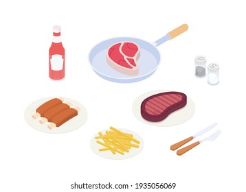 Parrillada de filete. Isometric vectorial ilustración en diseño plano. 