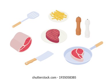 Steak grilling set. Isometric vector illustration in flat design. 