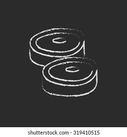 Steak hand drawn in chalk on a blackboard vector white icon isolated on a black background.