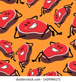 Steak happy pattern seamless. cartoon piece of meat background. Vector texture